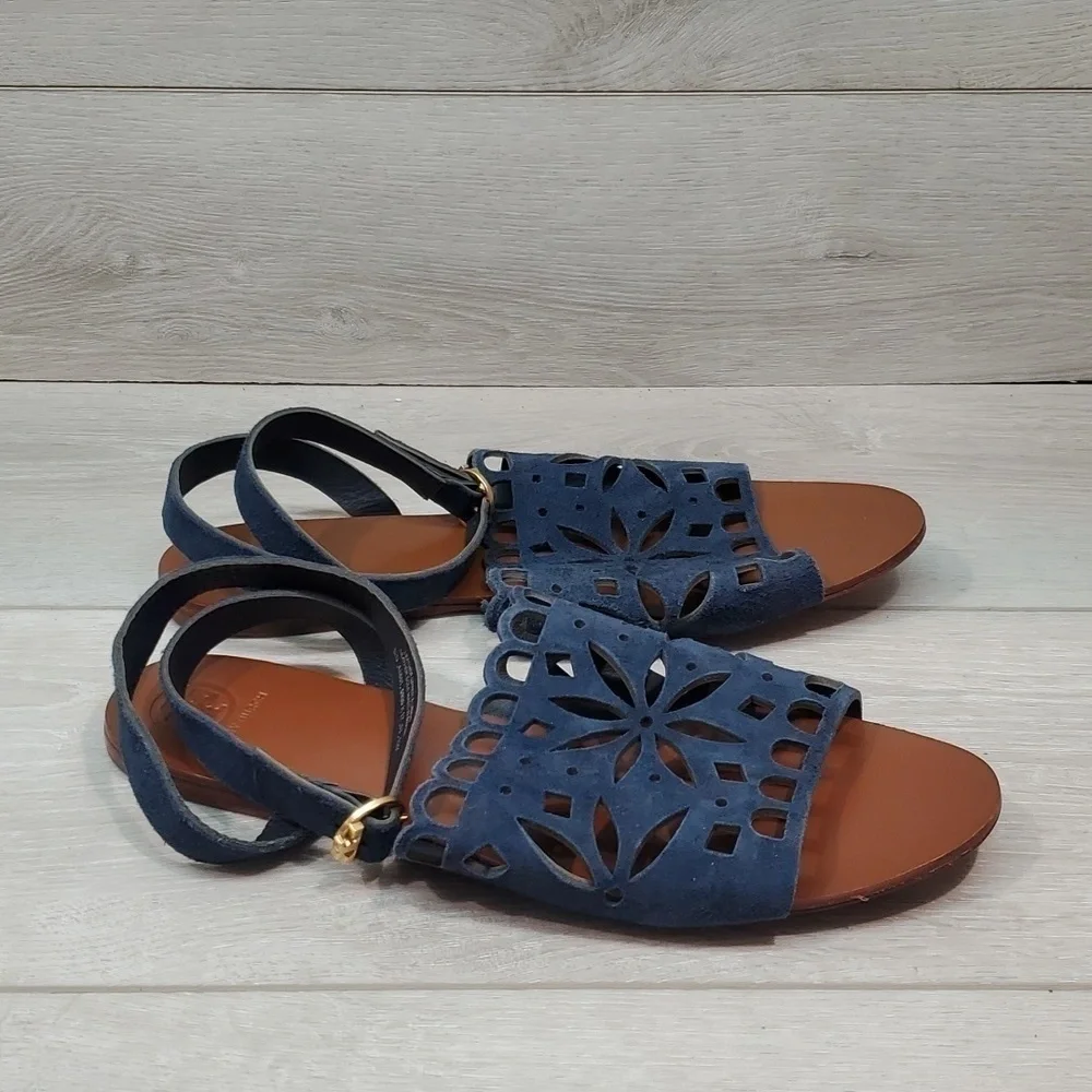 Tory Burch Womens May  Ankle Leather Suede Flats Sandals shoes sz 10M